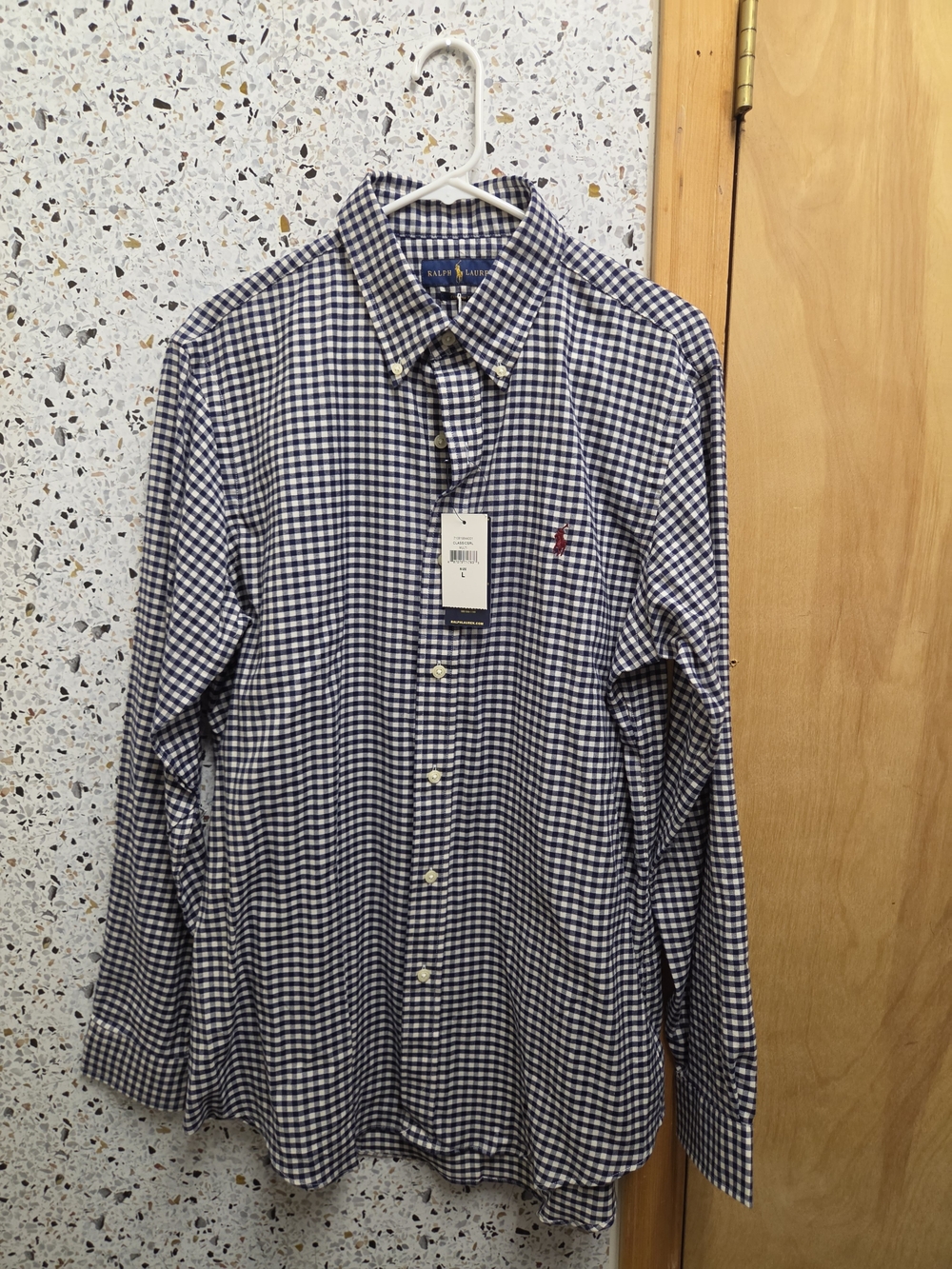 NWT Polo Ralph Lauren Men's Large Custom Fit Gingham Long Sleeve Shirt Navy Blue